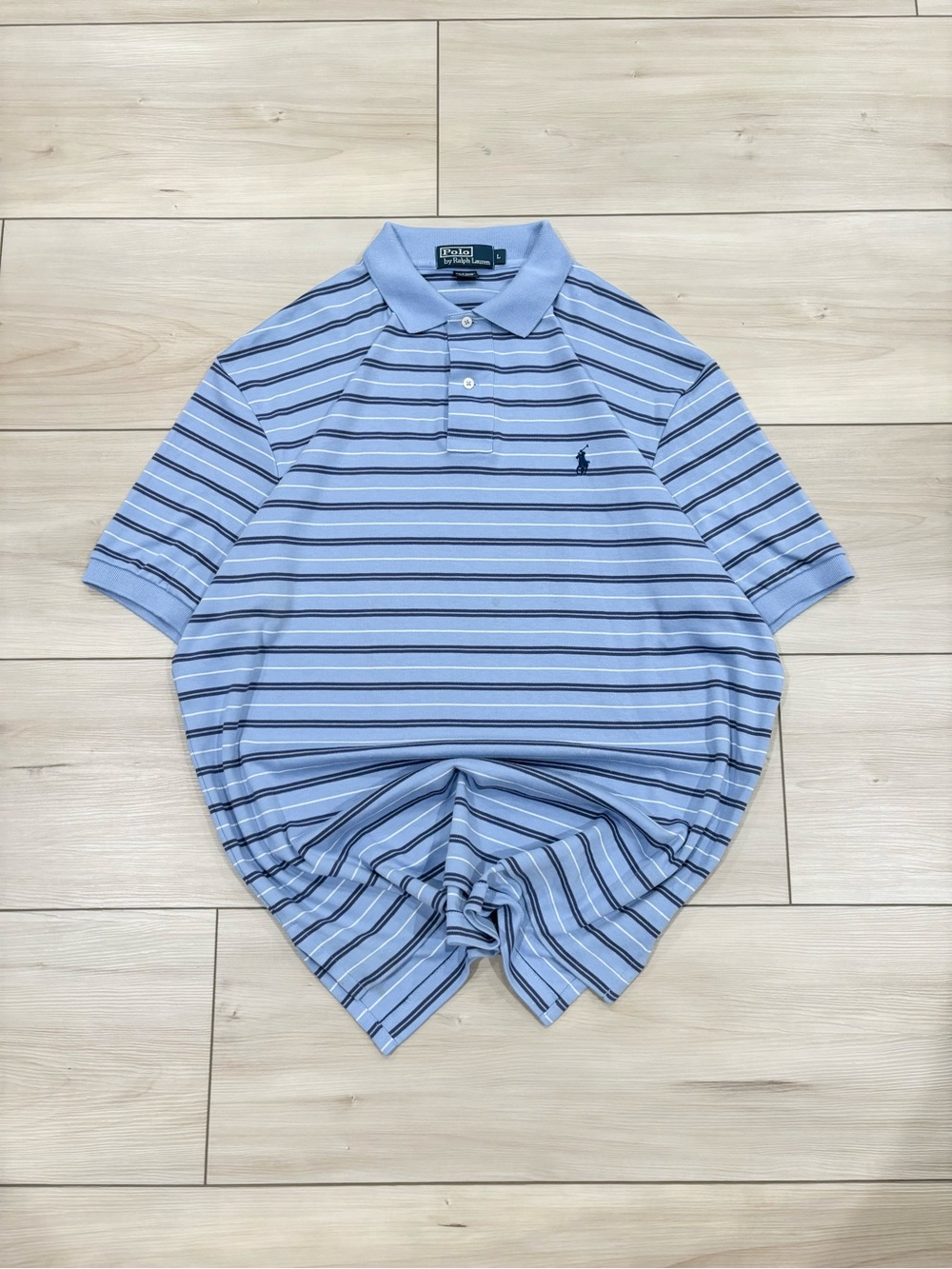90s Vintage Polo by Ralph Lauren Sky Blue Striped Polo with Navy Accents Mens L